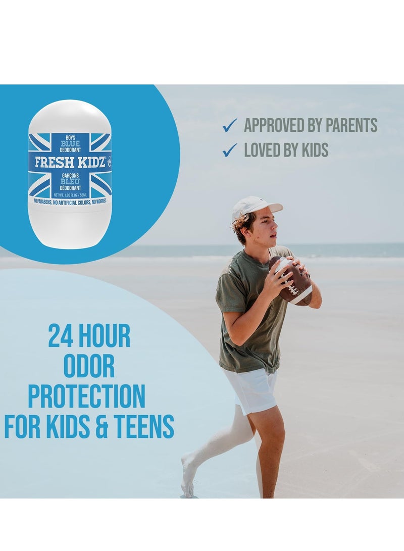 Fresh Kidz Roll On Deodorant for Kids and Teens - Baking Soda and Aluminum-free 24 Hour Protection for Sensitive Skin - Boys 