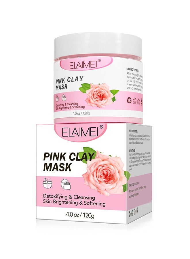 Pink Clay Mask 120g, Rose Anti Aging And Anti Acne Face Mask, Blackheads Remover And Pore Cleansing Facial Care Masks, For Deep Cleansing, Anti-Acne, Refining Pores Soothing And Brightening