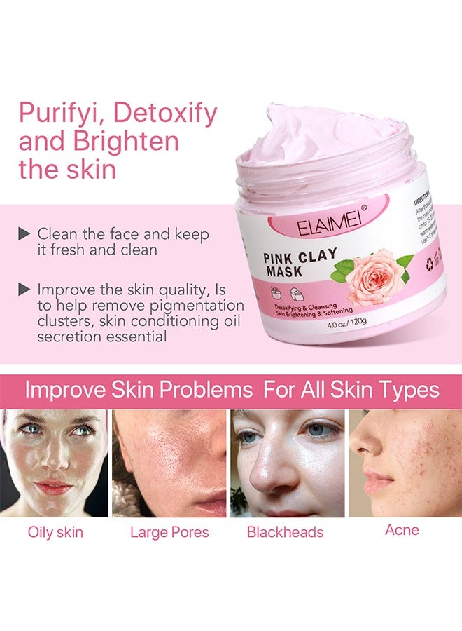 Pink Clay Mask 120g, Rose Anti Aging And Anti Acne Face Mask, Blackheads Remover And Pore Cleansing Facial Care Masks, For Deep Cleansing, Anti-Acne, Refining Pores Soothing And Brightening