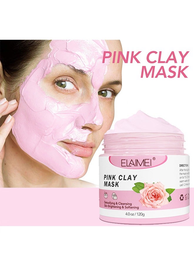 Pink Clay Mask 120g, Rose Anti Aging And Anti Acne Face Mask, Blackheads Remover And Pore Cleansing Facial Care Masks, For Deep Cleansing, Anti-Acne, Refining Pores Soothing And Brightening