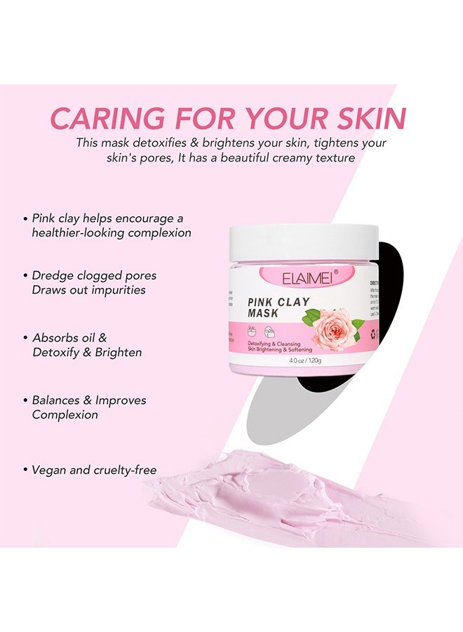 Pink Clay Mask 120g, Rose Anti Aging And Anti Acne Face Mask, Blackheads Remover And Pore Cleansing Facial Care Masks, For Deep Cleansing, Anti-Acne, Refining Pores Soothing And Brightening