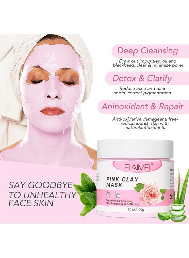 Pink Clay Mask 120g, Rose Anti Aging And Anti Acne Face Mask, Blackheads Remover And Pore Cleansing Facial Care Masks, For Deep Cleansing, Anti-Acne, Refining Pores Soothing And Brightening