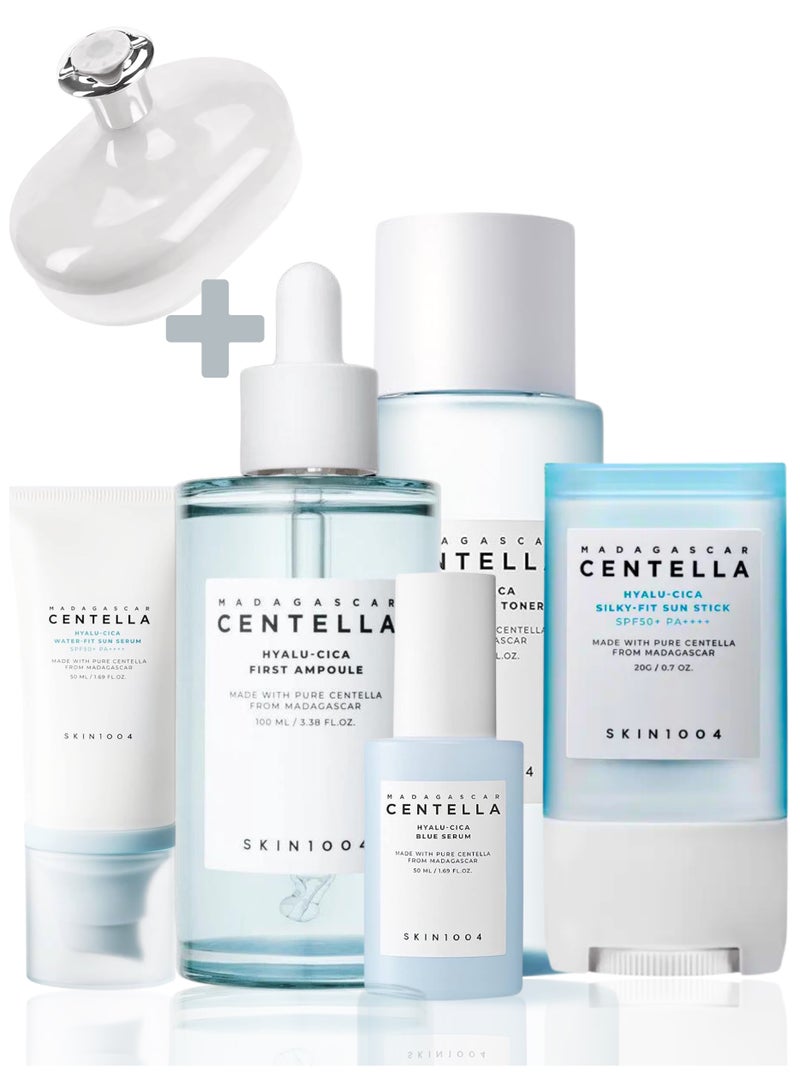 Centella Hyalu-Cica Skincare Set, Silky-Fit Sun Stick 12G, Brightening Toner 210Ml, First Ampoule 100Ml, Blue Serum 50Ml And Face Scrubber