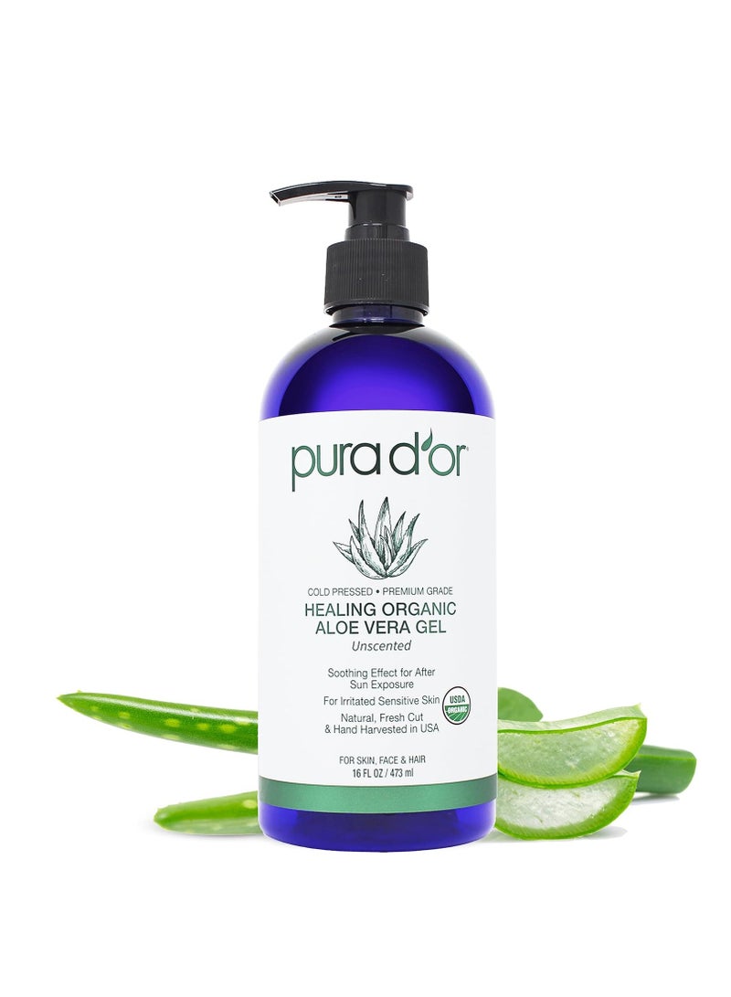 PURA D'OR 16 Oz ORGANIC Aloe Vera Gel - Unscented - All Natural - ZERO Artificial Preservatives - Deeply Hydrating & Moisturizing - Sunburn, Bug Bites, Rashes, Small Cuts, Eczema Relief - Skin & Hair