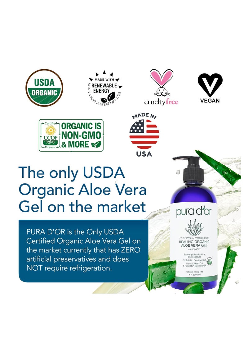 PURA D'OR 16 Oz ORGANIC Aloe Vera Gel - Unscented - All Natural - ZERO Artificial Preservatives - Deeply Hydrating & Moisturizing - Sunburn, Bug Bites, Rashes, Small Cuts, Eczema Relief - Skin & Hair