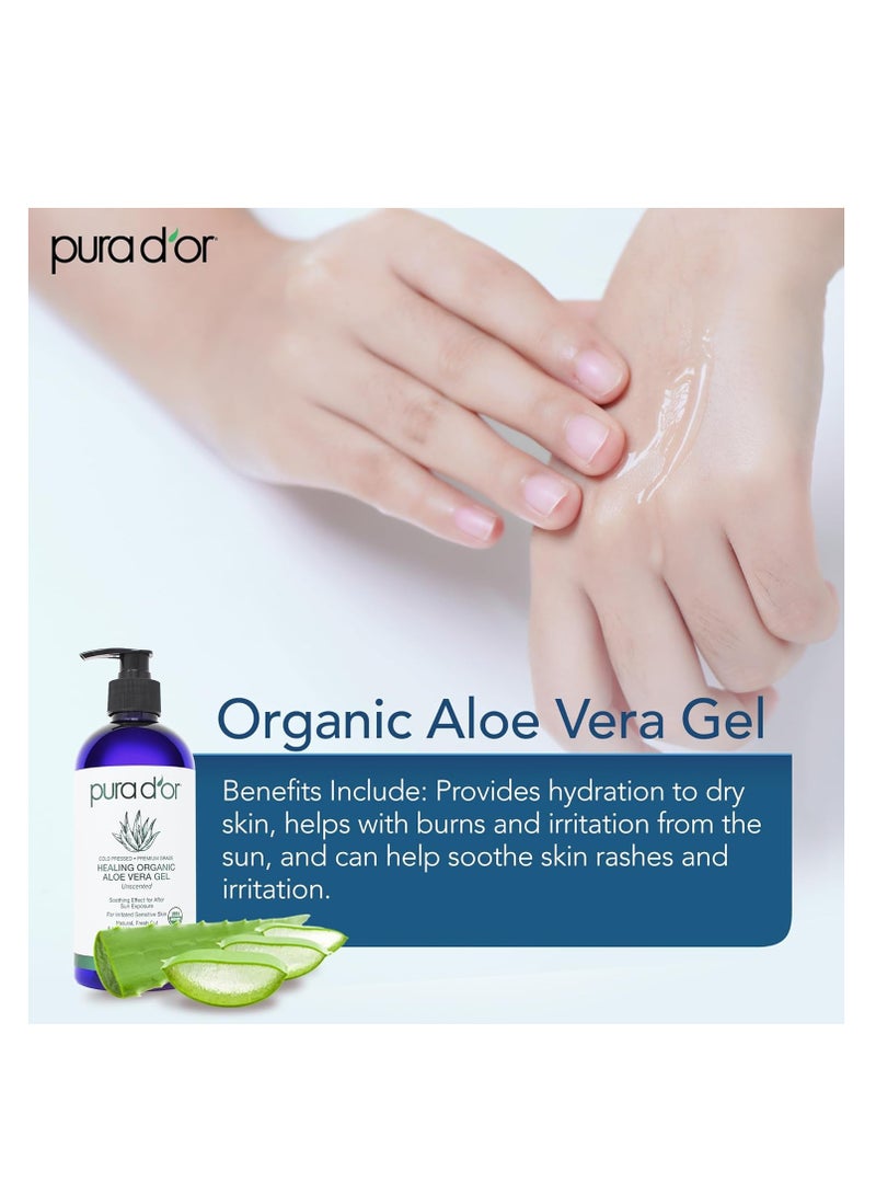 PURA D'OR 16 Oz ORGANIC Aloe Vera Gel - Unscented - All Natural - ZERO Artificial Preservatives - Deeply Hydrating & Moisturizing - Sunburn, Bug Bites, Rashes, Small Cuts, Eczema Relief - Skin & Hair