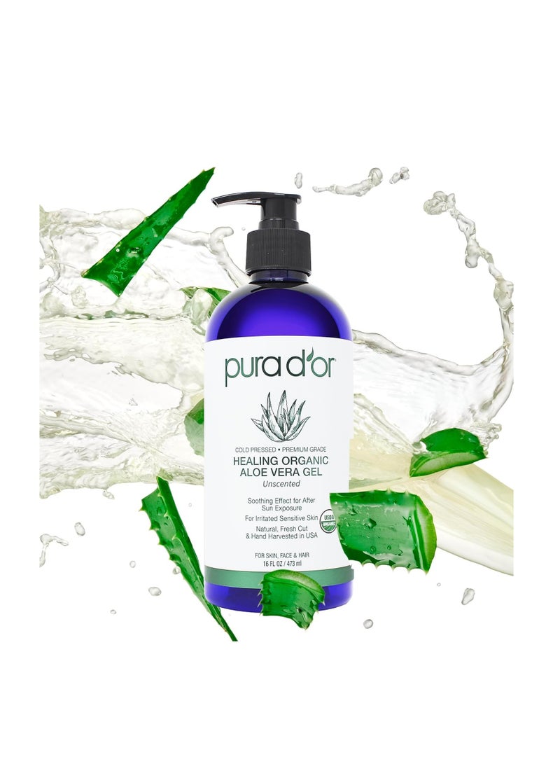 PURA D'OR 16 Oz ORGANIC Aloe Vera Gel - Unscented - All Natural - ZERO Artificial Preservatives - Deeply Hydrating & Moisturizing - Sunburn, Bug Bites, Rashes, Small Cuts, Eczema Relief - Skin & Hair