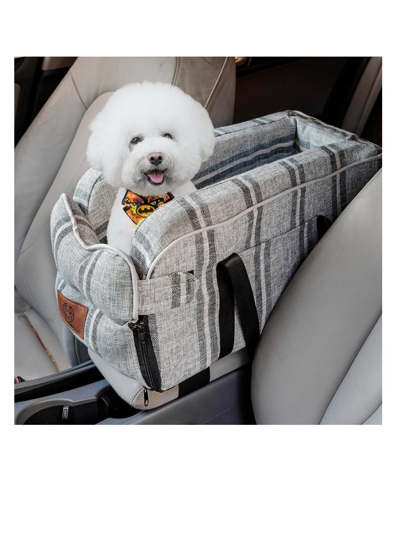 Center Console Dog Car Seat, Center Console Dogs and Cats Car Seat, Portable Puppy Detachable and Washable Dog Booster Seat, Pet Car Seat for Small Dogs Up to 12 Lbs, Striped-Grey