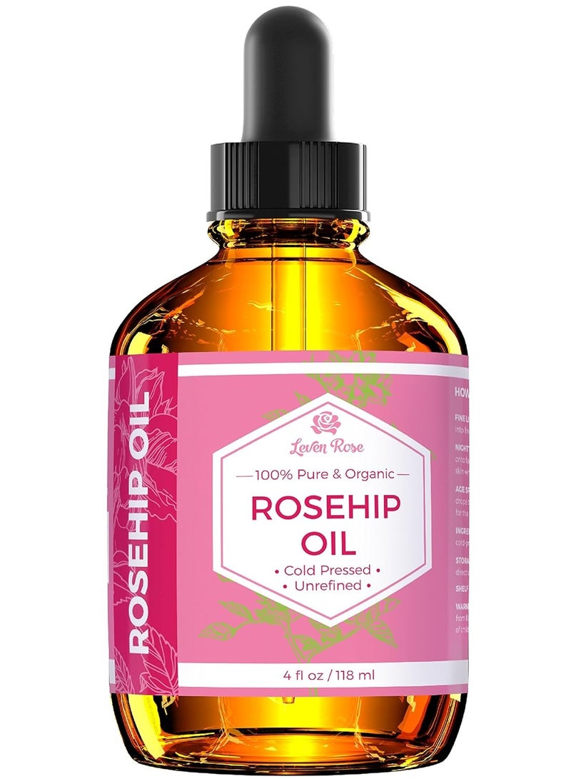 Leven Rose Rosehip Seed Oil for Face 4 oz - Pure Rosehip Oil for Face - Unrefined Cold Pressed Rosehip Oil for Body - Nighttime Face Moisturizer for Hair, Skin & Nails