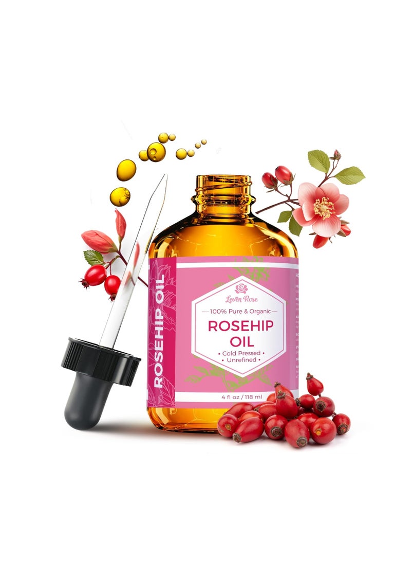 Leven Rose Rosehip Seed Oil for Face 4 oz - Pure Rosehip Oil for Face - Unrefined Cold Pressed Rosehip Oil for Body - Nighttime Face Moisturizer for Hair, Skin & Nails