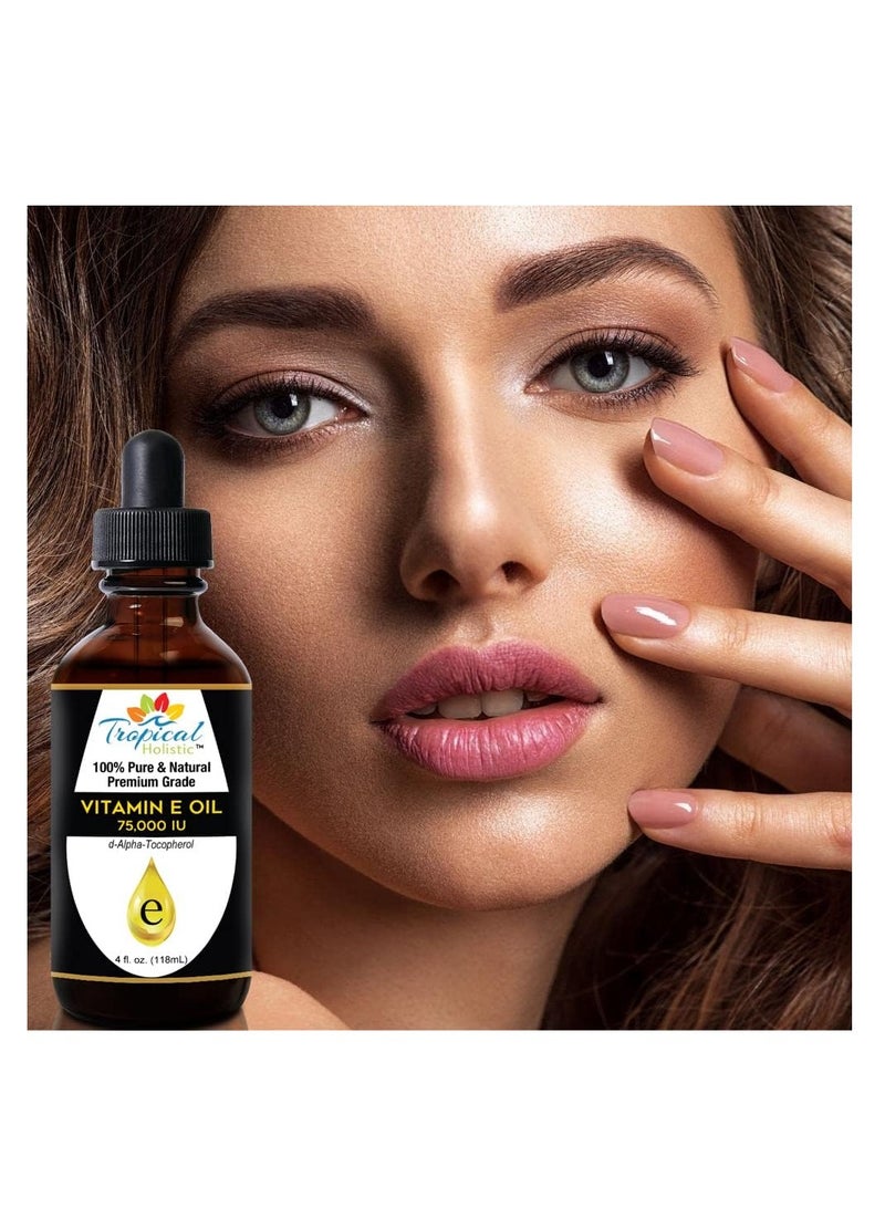 100% Pure Vitamin E Oil (4oz / 118mL) - 75,000 IU Plant Based Natural D-Alpha Tocopherol for Hydrated Skin, Scars, Age Spot, Full Bathe Body Oil, Nails, Face & Hair