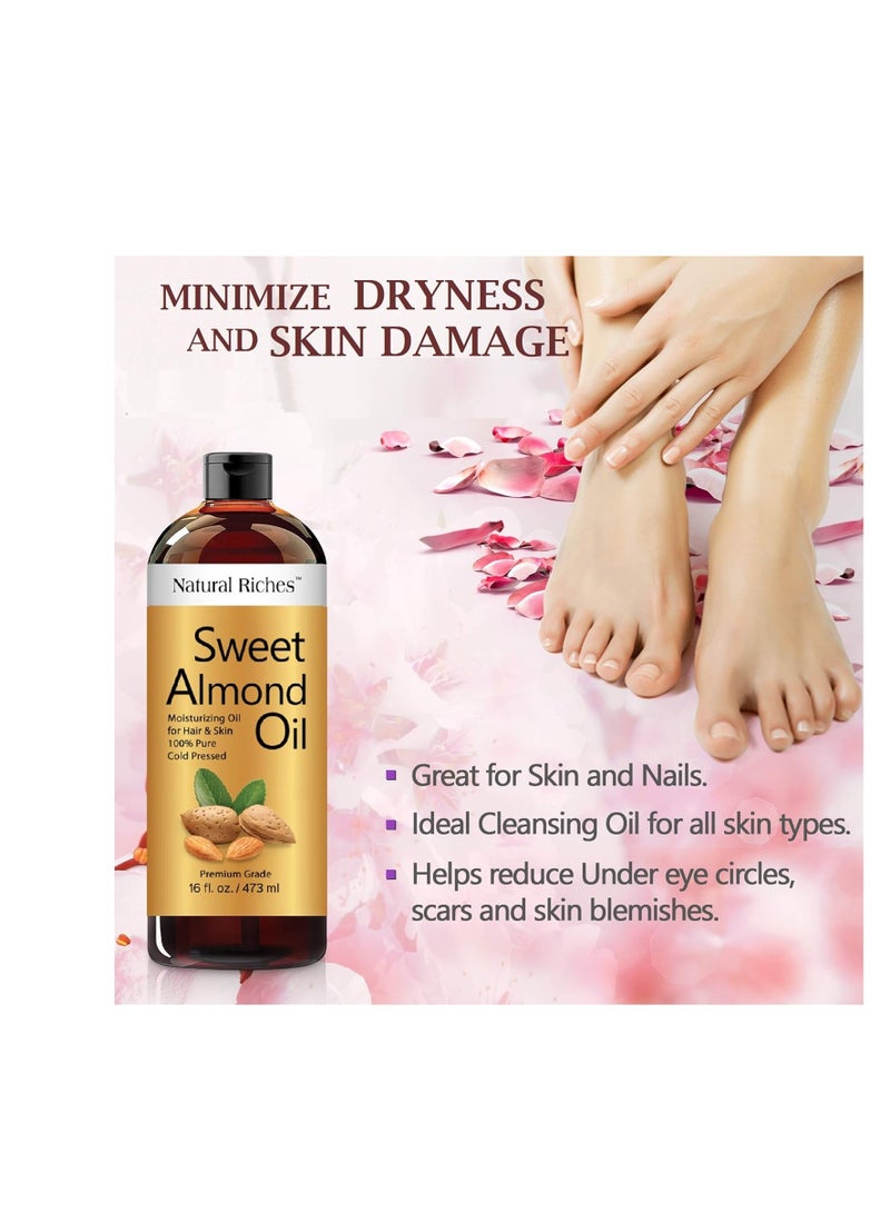 Natural Riches Sweet Almond Oil Cold Pressed, Triple A Grade, Pure and Natural Hexane free Soothing Vitamin E Oil for Skin, Facial Polish, Full Body Massages, Made in USA 16 FL oz.