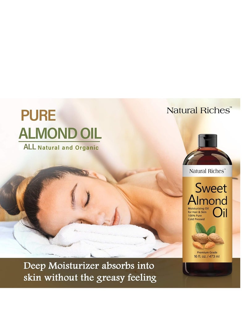 Natural Riches Sweet Almond Oil Cold Pressed, Triple A Grade, Pure and Natural Hexane free Soothing Vitamin E Oil for Skin, Facial Polish, Full Body Massages, Made in USA 16 FL oz.