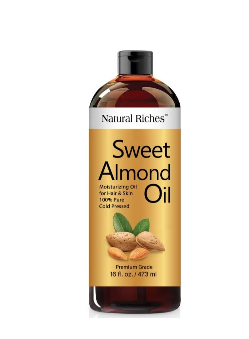 Natural Riches Sweet Almond Oil Cold Pressed, Triple A Grade, Pure and Natural Hexane free Soothing Vitamin E Oil for Skin, Facial Polish, Full Body Massages, Made in USA 16 FL oz.