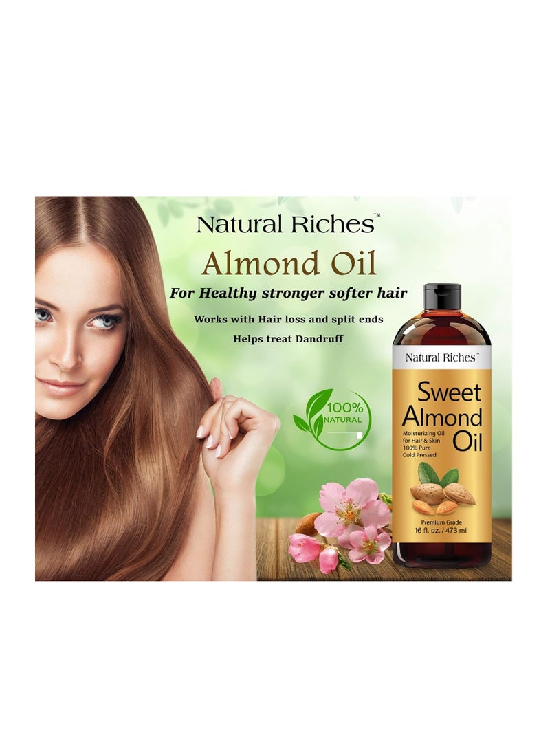 Natural Riches Sweet Almond Oil Cold Pressed, Triple A Grade, Pure and Natural Hexane free Soothing Vitamin E Oil for Skin, Facial Polish, Full Body Massages, Made in USA 16 FL oz.