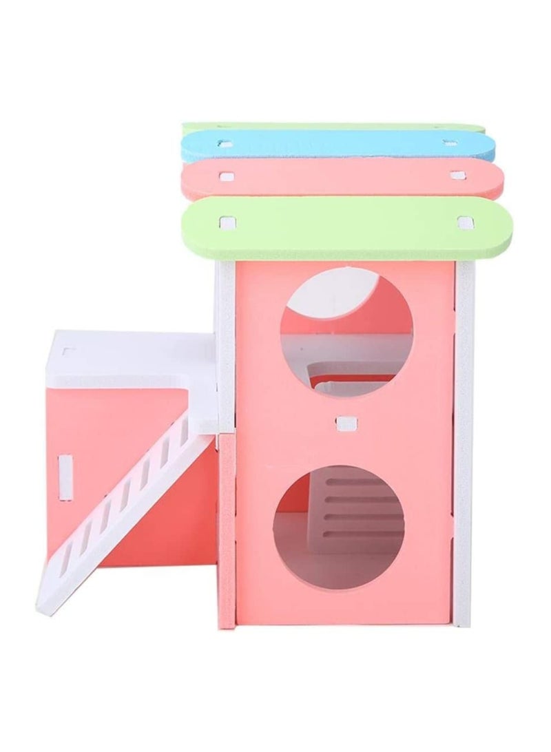 SYOSI Wooden Hamster House, Hamster Hideout House with Stair Exercise Toys, Small Animal Pet Play House, Dual-layer Hamster Villa with Hamster Ladder (Pink)