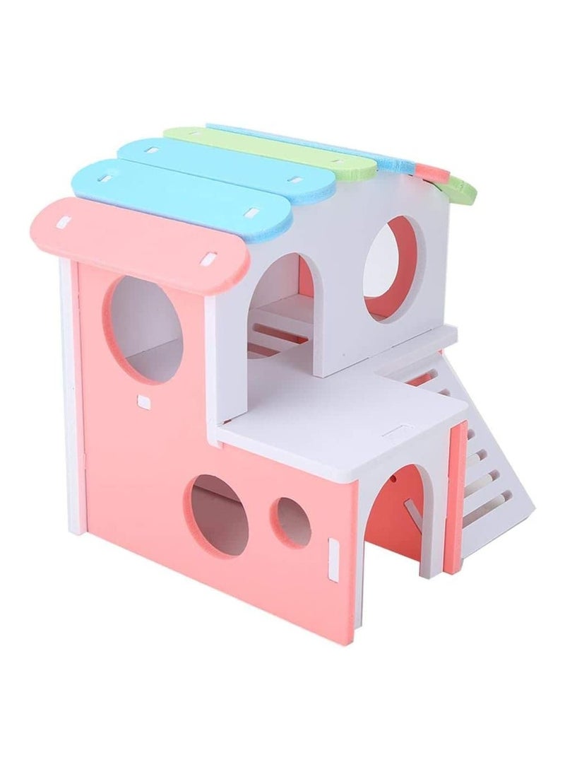 SYOSI Wooden Hamster House, Hamster Hideout House with Stair Exercise Toys, Small Animal Pet Play House, Dual-layer Hamster Villa with Hamster Ladder (Pink)