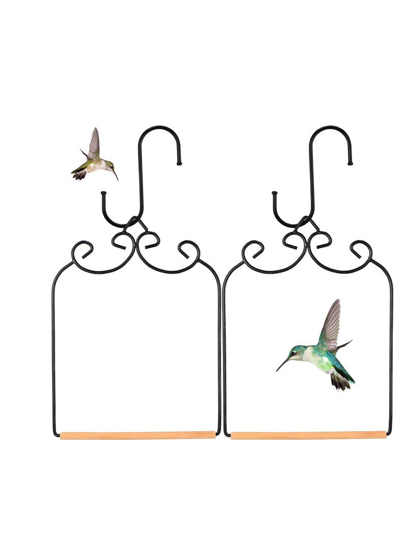 Hummingbird Swing Metal Frame, 2 Pcs Wooden Dowel Humming Bird Perch Swing Feeder Accessory, with Black Iron S Shaped Hook, for Hanging Outdoor Lawn Patio Garden or Indoor Office