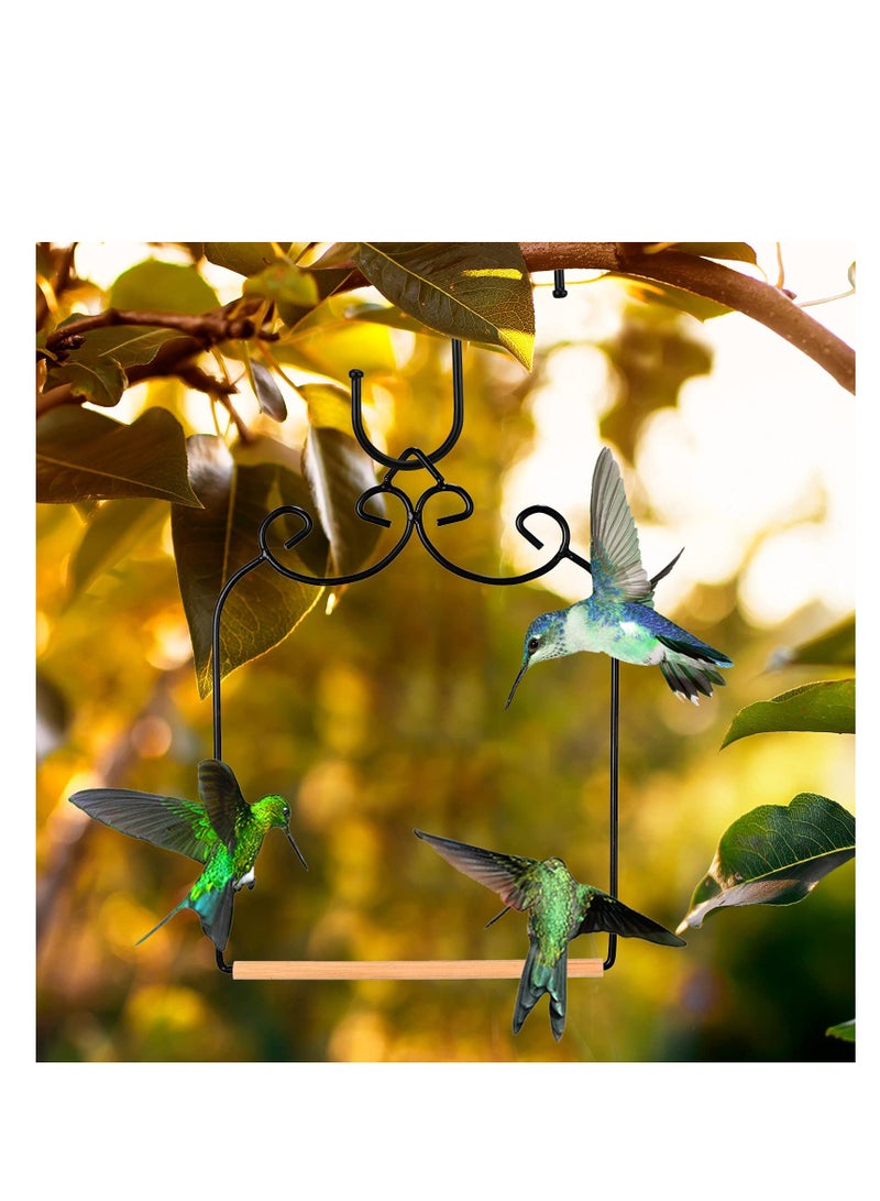 Hummingbird Swing Metal Frame, 2 Pcs Wooden Dowel Humming Bird Perch Swing Feeder Accessory, with Black Iron S Shaped Hook, for Hanging Outdoor Lawn Patio Garden or Indoor Office