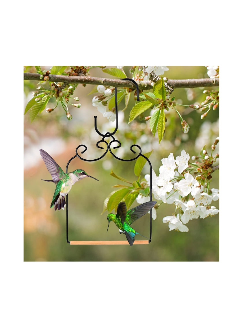 Hummingbird Swing Metal Frame, 2 Pcs Wooden Dowel Humming Bird Perch Swing Feeder Accessory, with Black Iron S Shaped Hook, for Hanging Outdoor Lawn Patio Garden or Indoor Office