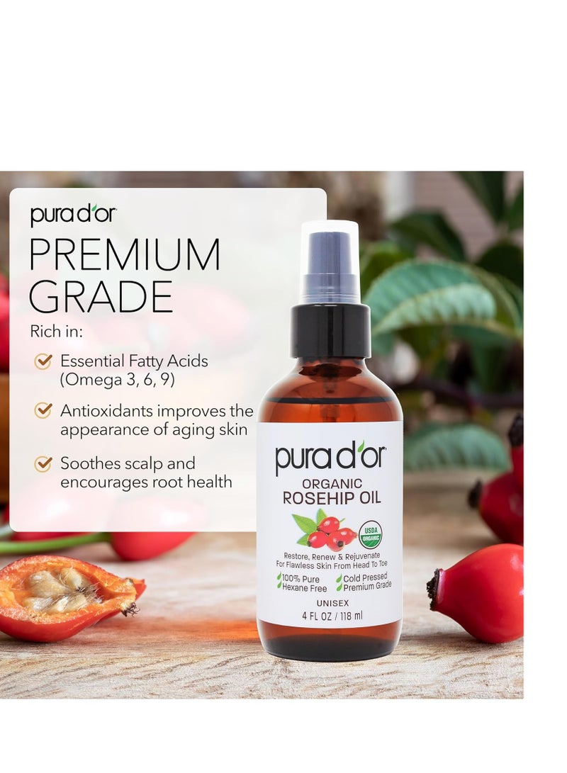 PURA D'OR 4 Oz ORGANIC Rosehip Seed Oil Hair Relaxer 100% Pure Cold Pressed USDA Certified All Natural For Anti-Aging, Scar Treatment, Gua Sha Massage, Face, Hair & Skin - Women & Men