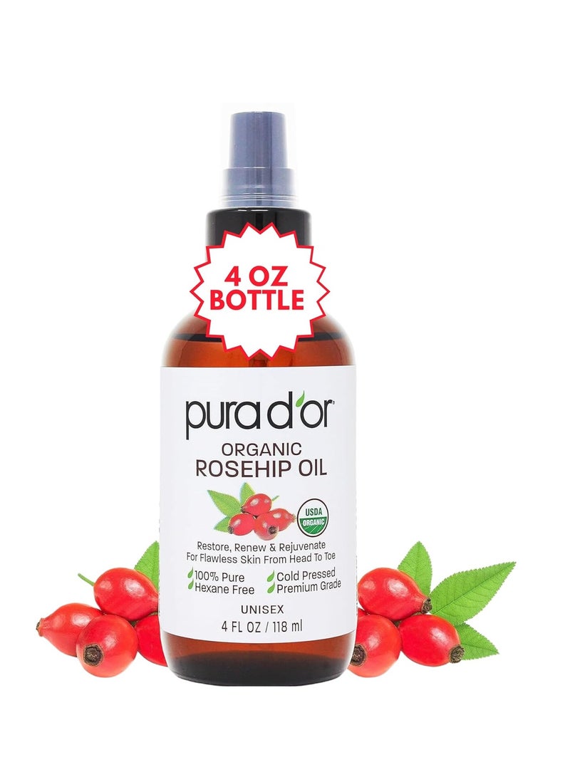 PURA D'OR 4 Oz ORGANIC Rosehip Seed Oil Hair Relaxer 100% Pure Cold Pressed USDA Certified All Natural For Anti-Aging, Scar Treatment, Gua Sha Massage, Face, Hair & Skin - Women & Men