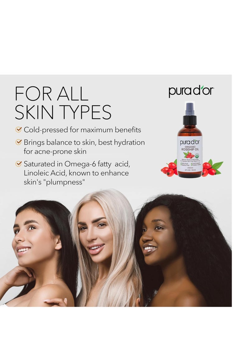 PURA D'OR 4 Oz ORGANIC Rosehip Seed Oil Hair Relaxer 100% Pure Cold Pressed USDA Certified All Natural For Anti-Aging, Scar Treatment, Gua Sha Massage, Face, Hair & Skin - Women & Men