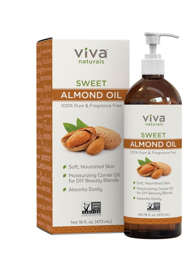 Viva Naturals Sweet Almond Oil for Skin - Body Oil, Hair Moisturizer and Relaxing Massage and Oil, Carrier Oil for Essential Oils Mixing, Non-Greasy Pure Sweet Almond Oil for Hair and Skin, 16 fl oz