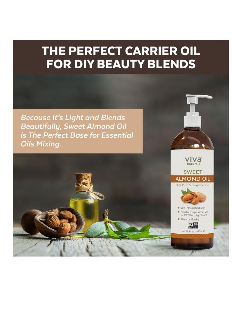 Viva Naturals Sweet Almond Oil for Skin - Body Oil, Hair Moisturizer and Relaxing Massage and Oil, Carrier Oil for Essential Oils Mixing, Non-Greasy Pure Sweet Almond Oil for Hair and Skin, 16 fl oz
