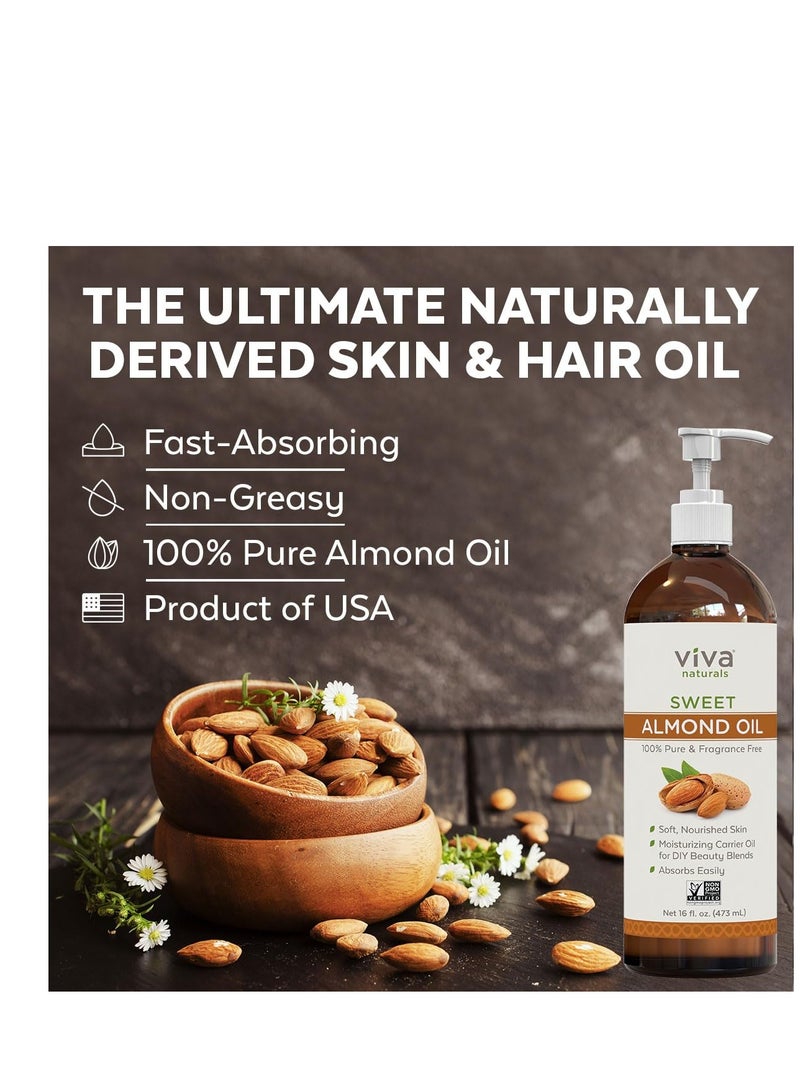 Viva Naturals Sweet Almond Oil for Skin - Body Oil, Hair Moisturizer and Relaxing Massage and Oil, Carrier Oil for Essential Oils Mixing, Non-Greasy Pure Sweet Almond Oil for Hair and Skin, 16 fl oz