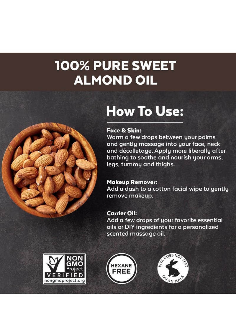 Viva Naturals Sweet Almond Oil for Skin - Body Oil, Hair Moisturizer and Relaxing Massage and Oil, Carrier Oil for Essential Oils Mixing, Non-Greasy Pure Sweet Almond Oil for Hair and Skin, 16 fl oz