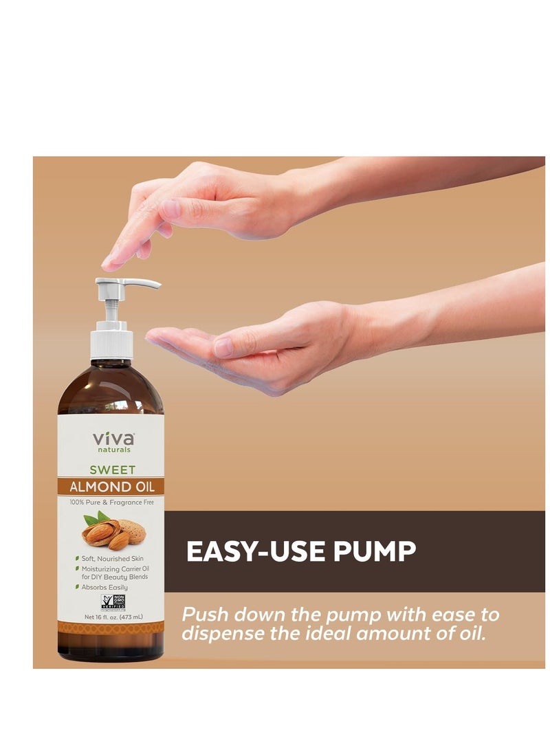 Viva Naturals Sweet Almond Oil for Skin - Body Oil, Hair Moisturizer and Relaxing Massage and Oil, Carrier Oil for Essential Oils Mixing, Non-Greasy Pure Sweet Almond Oil for Hair and Skin, 16 fl oz