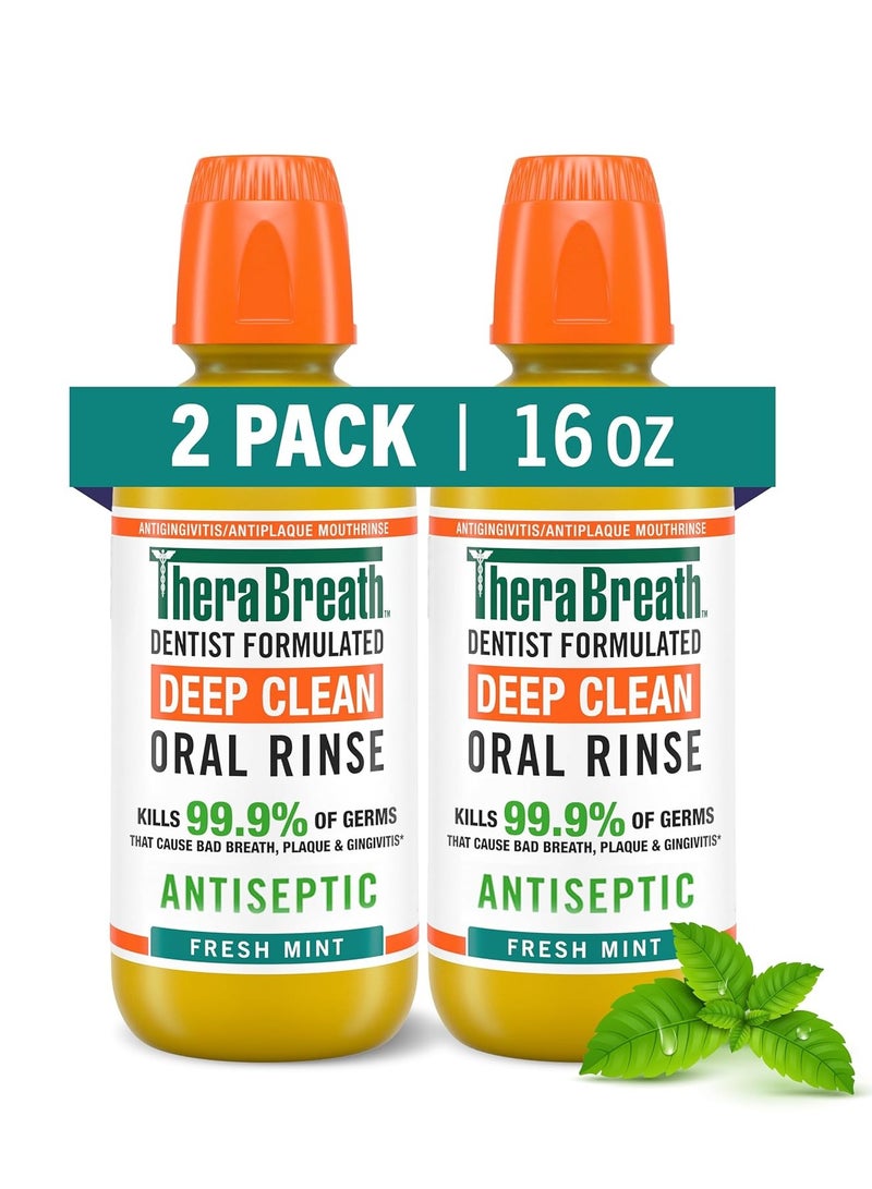 TheraBreath Deep Clean Mouthwash, Antigingivitis, Antiseptic, Fresh Mint Flavor, Dentist Formulated, Alcohol Free, 16 fl oz (Pack of 2)