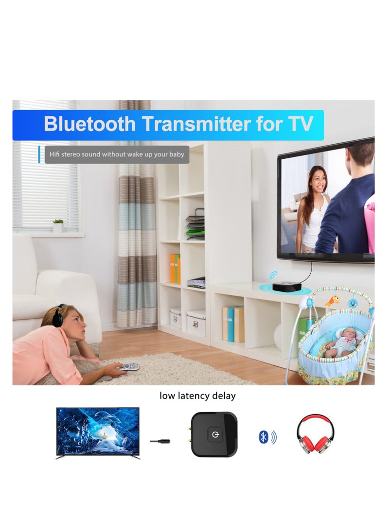 Bluetooth 5.0 Audio Transmitter with APTX Low Latency, Wireless Stereo Adapter for TV to Headphones, 3.5mm and RCA Jack Compatible, Ideal for Flight Use.