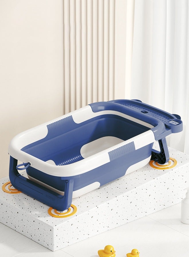 Baby bathtub with temperature sensing bath mat foldable portable sitting and lying bathtub easy to clean blue suitable for newborn babies