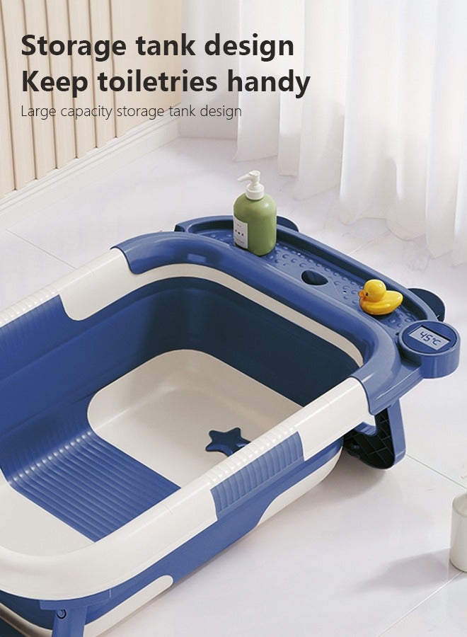 Baby bathtub with temperature sensing bath mat foldable portable sitting and lying bathtub easy to clean blue suitable for newborn babies