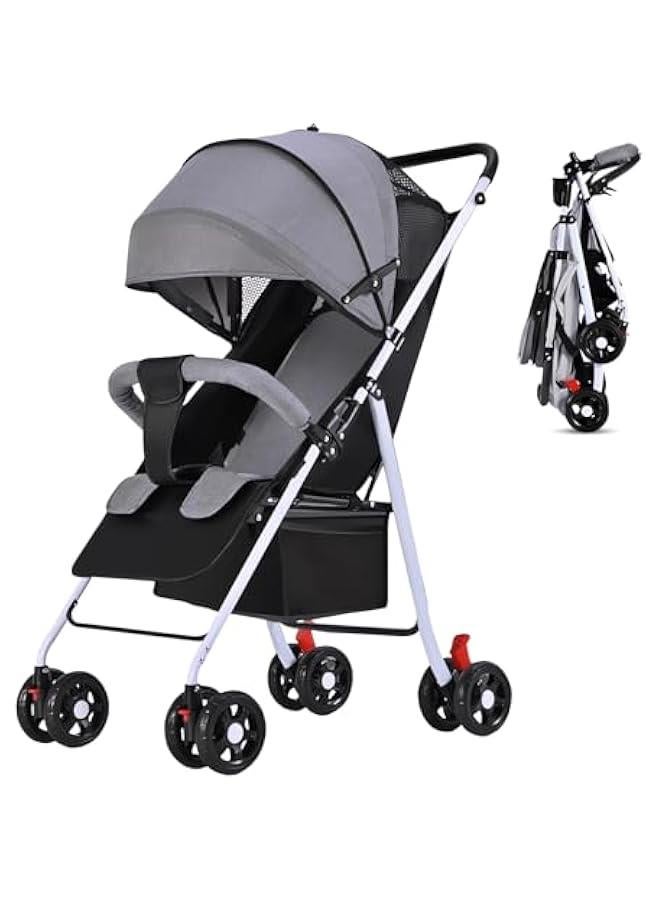 Lightweight Stroller, Foldable Baby Stroller with Waterproof Canopy, Travel Stroller with Cup Holder and Storage Basket, 0-36 Months Toddler Stroller, Gray