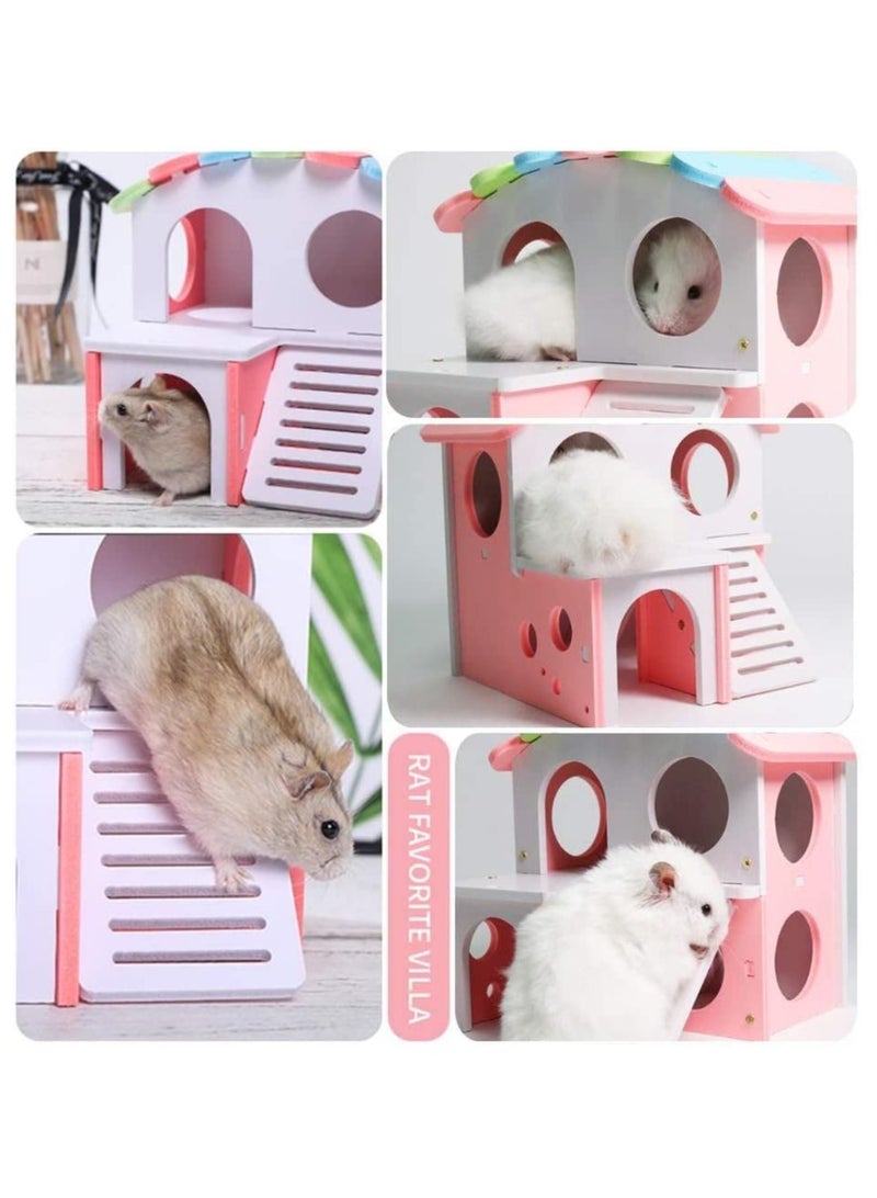 SYOSI Wooden Hamster House, Hamster Hideout House with Stair Exercise Toys, Small Animal Pet Play House, Dual-layer Hamster Villa with Hamster Ladder (Pink)
