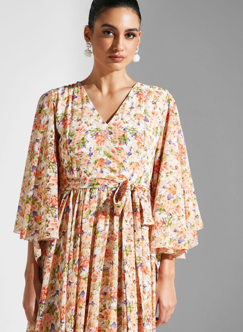 V Neck  Floral Printed Dress