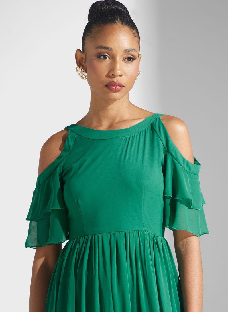 Cold Shoulder Ruffle Sleeve Dress