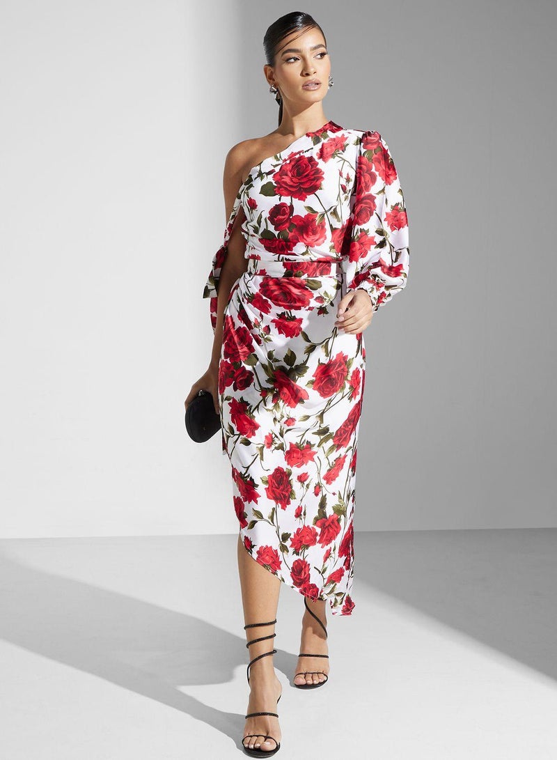 One Shoulder Floral Print Dress