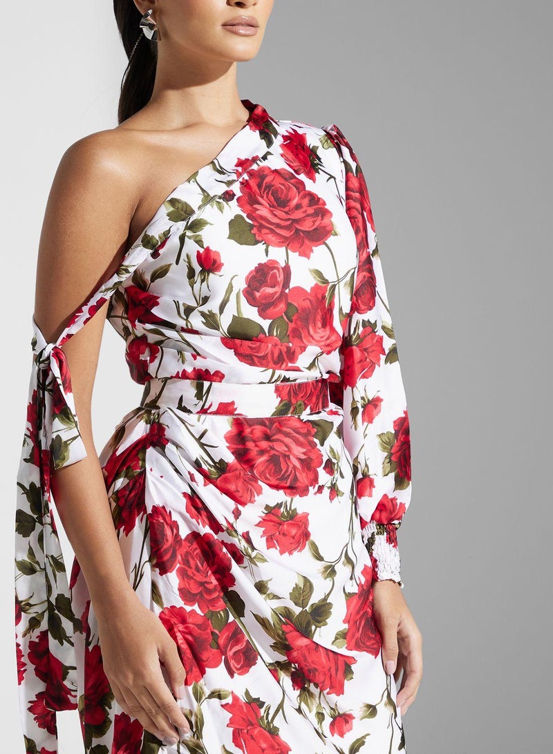 One Shoulder Floral Print Dress