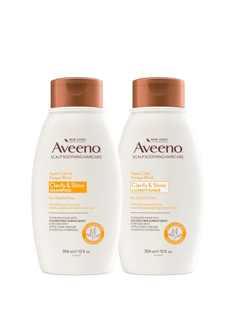 Aveeno Apple Cider Vinegar Shampoo + Conditioner for Balance & High Shine, Daily Clarifying & Soothing Scalp Shampoo for Oily or Dull Hair, Paraben & Dye-Free, 12 Fl Oz