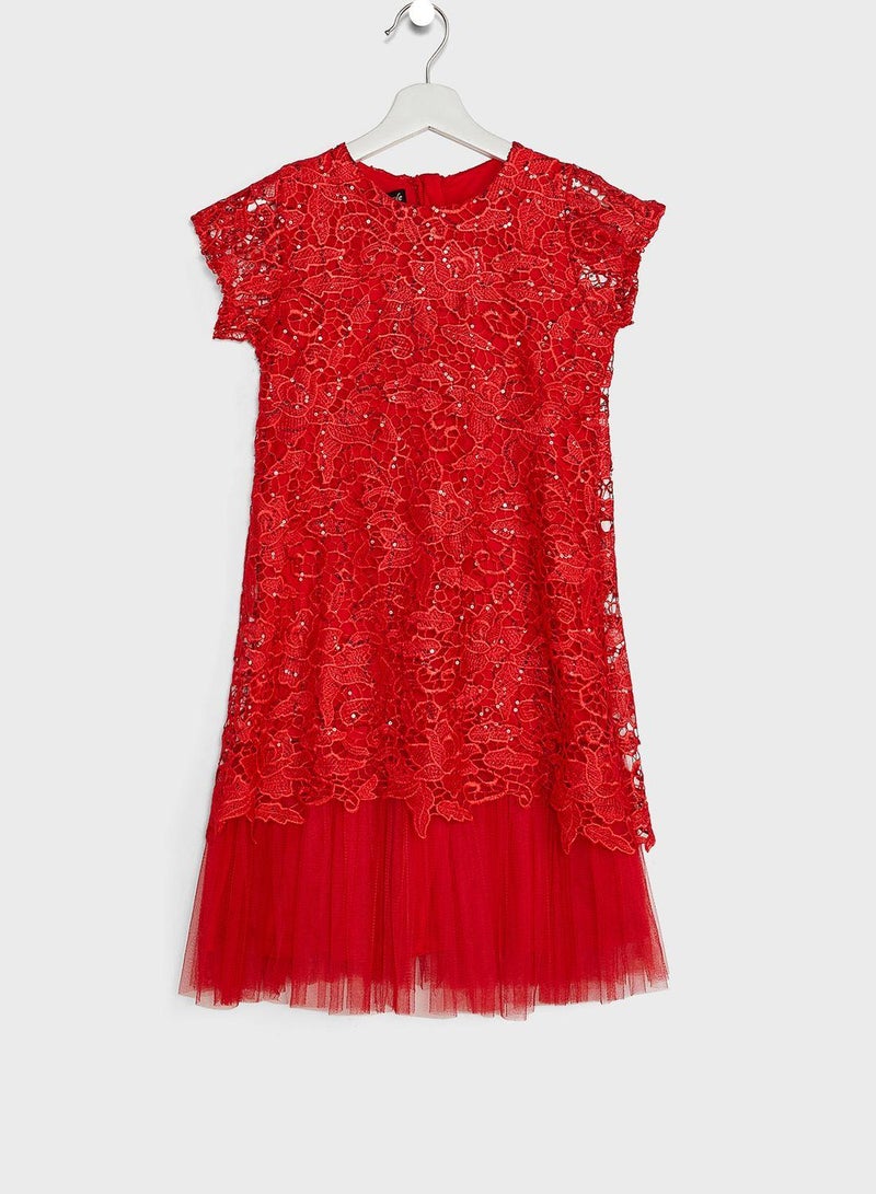 Lace Overlay Tulle Dress