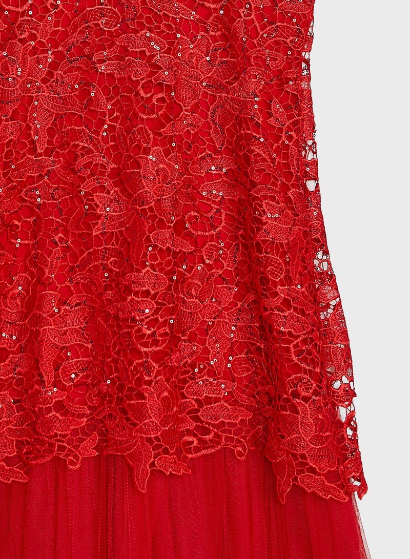 Lace Overlay Tulle Dress