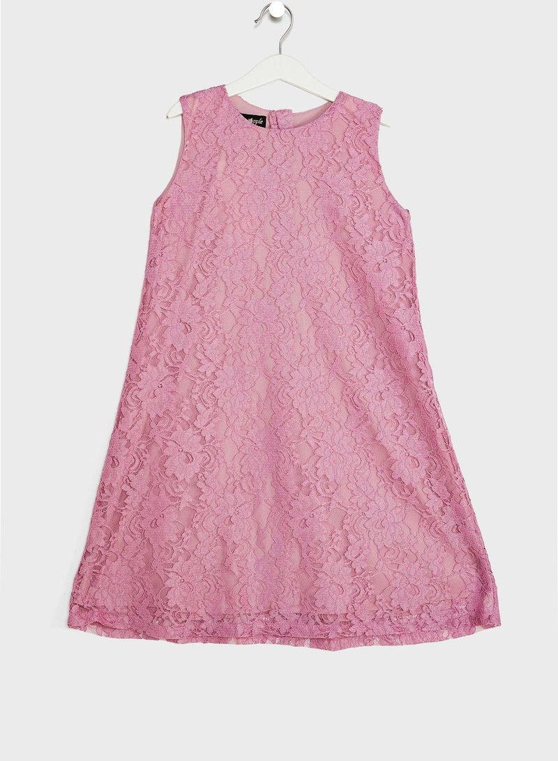 Kids Little Solid Lace Detailed Dress