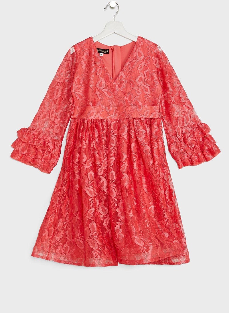 Kids Little Solid Lace V neck Dress