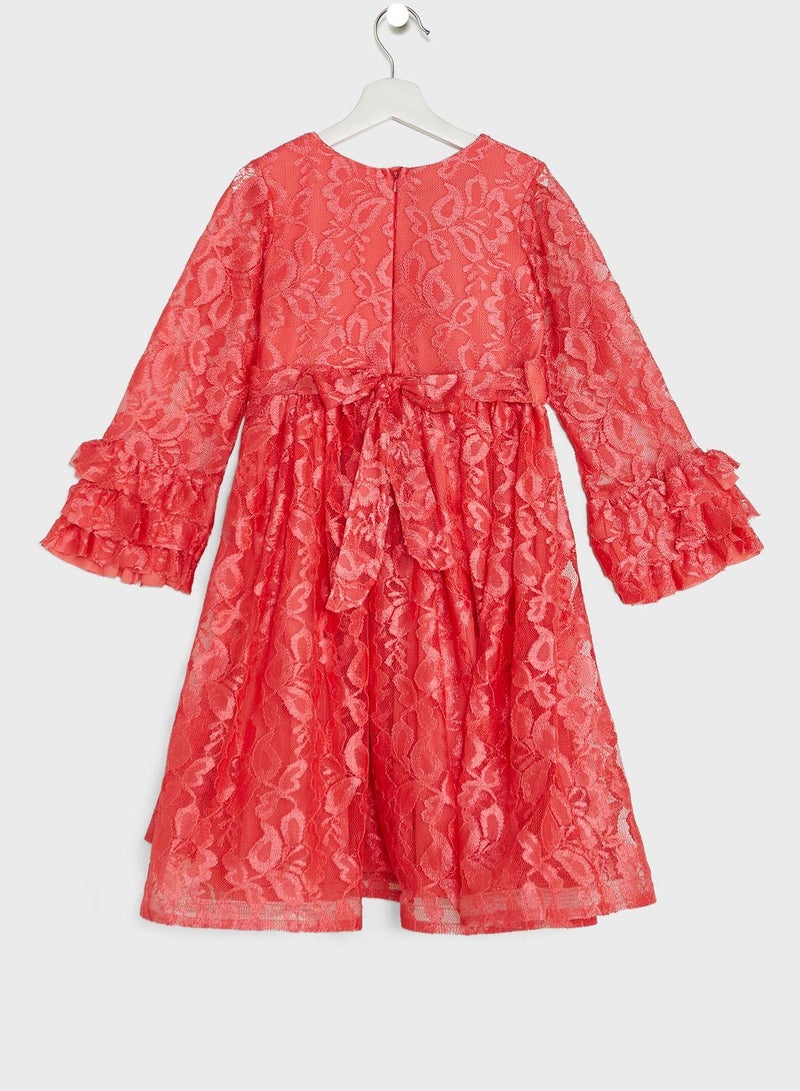 Kids Little Solid Lace V neck Dress