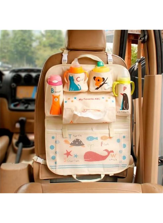 Car Seat Cushion Back Seat Protector Seat Belt Backseat Organizer Storage Pockets, Cartoon Car Seat Back Bag Car Rear Seat Storage Box Baby Supplies Storage Car Hanging Bag (blue ABC)