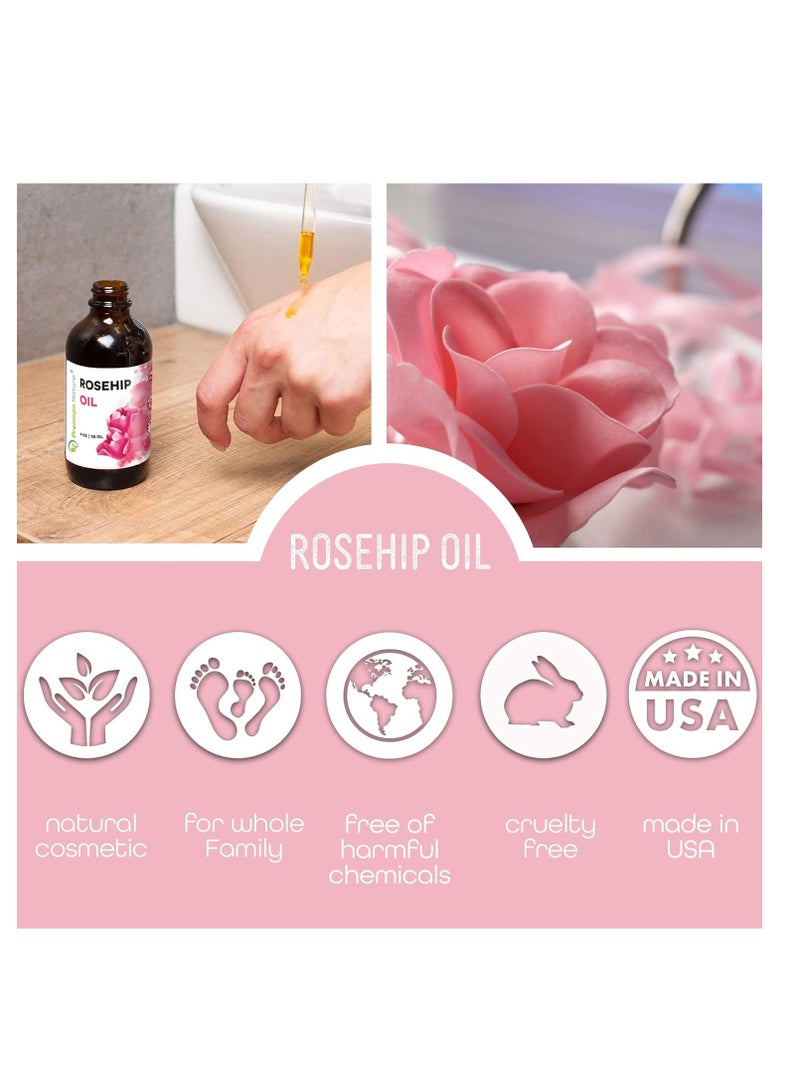 Premium Nature Rosehip Oil For Face Oil for Women, Rosehip Seed Oil Pure Cold Pressed Unrefined Oil For Hair and Nails Skin Care Moisturizer, Rose Hips Face Oils and Serums 4oz